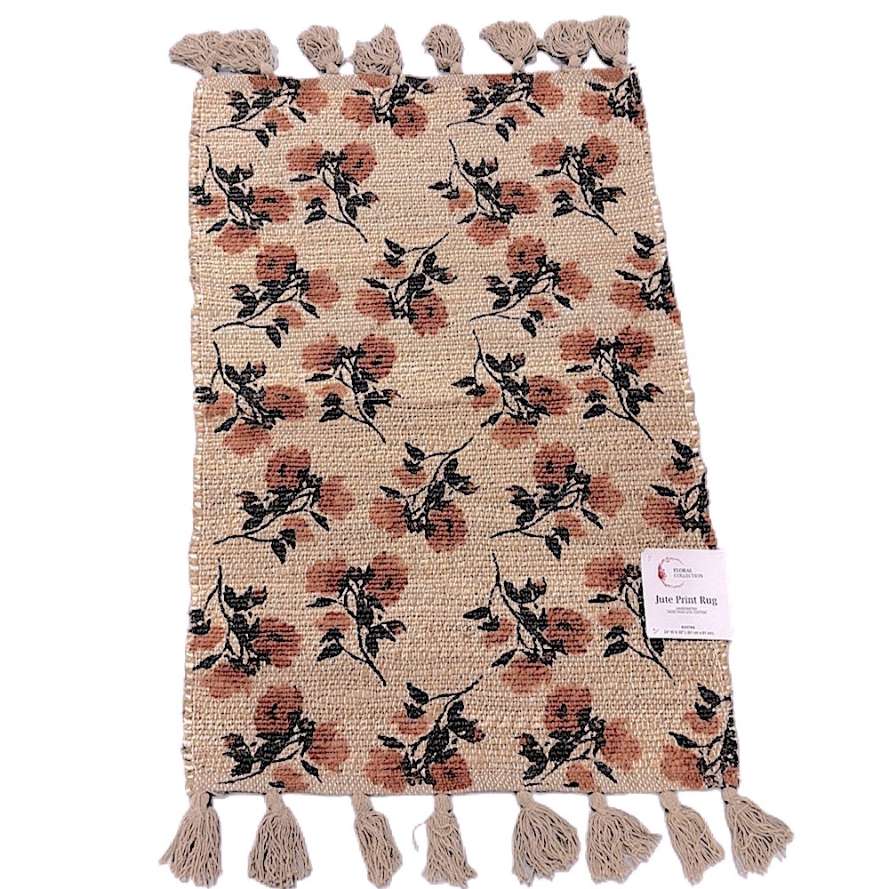 Charming Jute Floral Print Door Mat with Tassels 24” x 36” (terracotta)